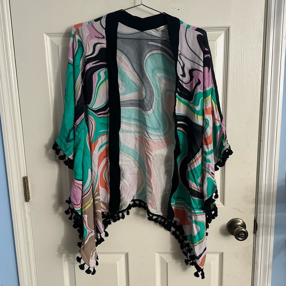 ☀️Trina Turk Swim & Spa Nazare Coverup Kimono w/ Fringe Women’s One-Size Swirl - Picture 2 of 5